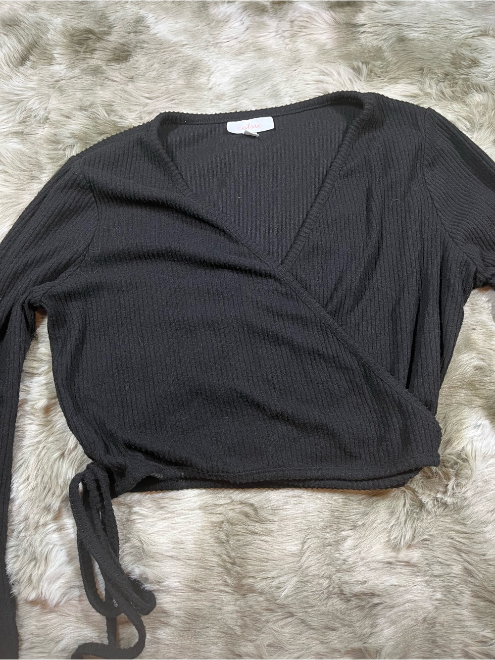 Colsie Black Ribbed Wrap-Style Top - Picture 3 of 8